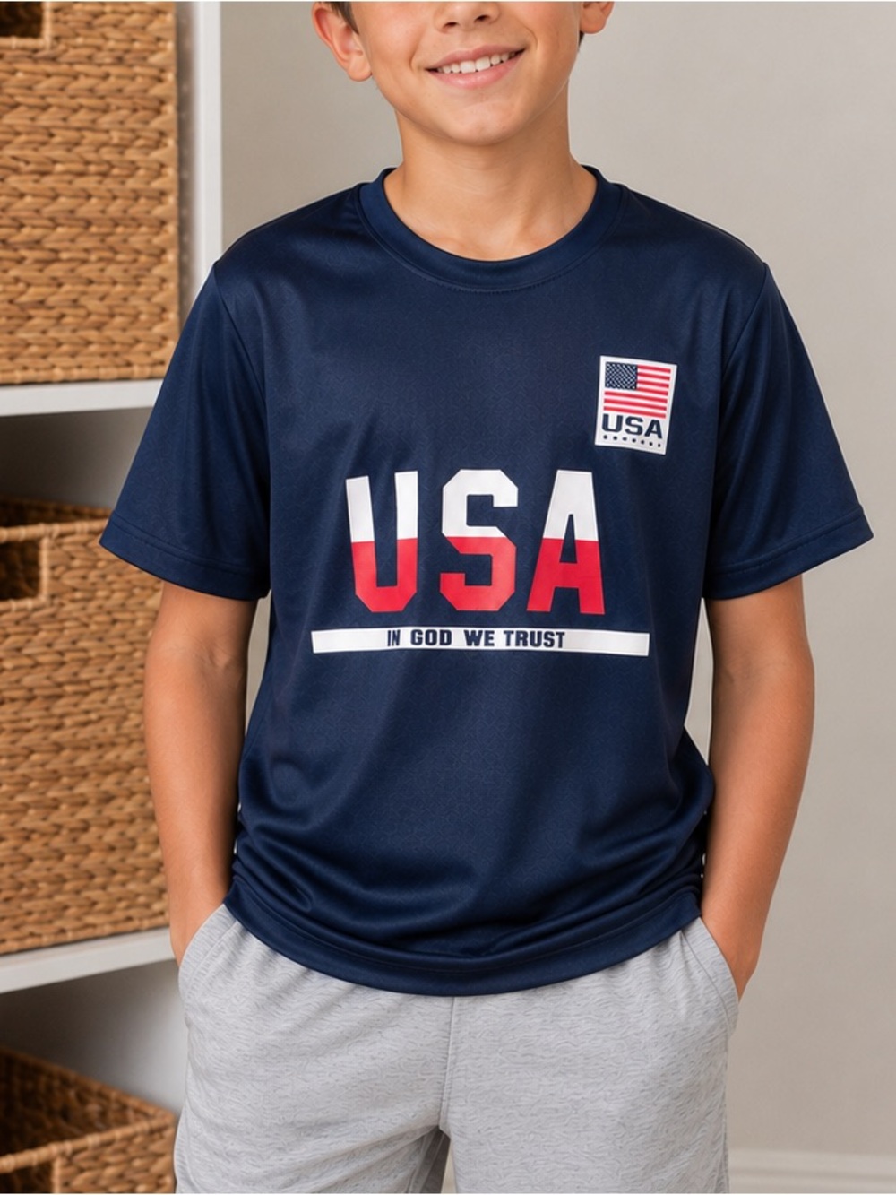 Boys Youth Large USA Patriotic Performance T-Shirt Navy Blue July 4 Tee 14/16